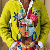 Strickjacke mit gemaltem Porträt-Kunstdruck und Knöpfen