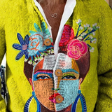 Strickjacke mit gemaltem Porträt-Kunstdruck und Knöpfen