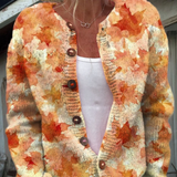 Herbst-Strickjacke mit Ahornblatt-Kunstdruck und Knöpfen