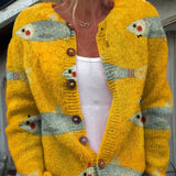 Vintage-Strickjacke mit Fisch- und Sardinen-Kunstdruck und Knöpfen