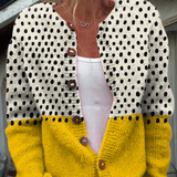 Gelbe gepunktete Strickjacke mit Print und Knöpfen